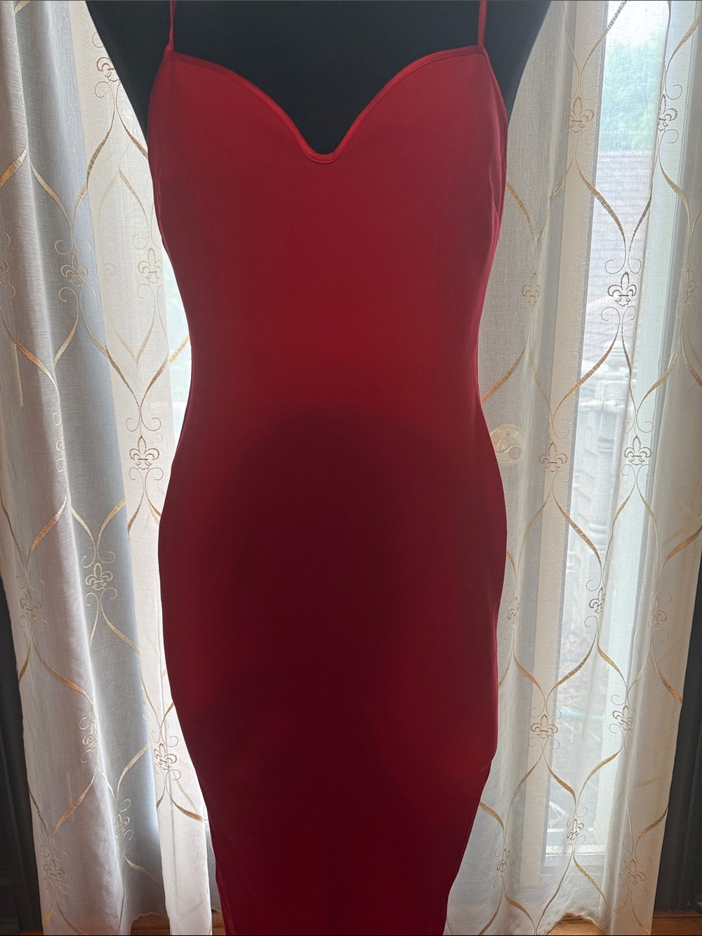 Likely Keela Red Midi Dress with deep V and spaghetti straps